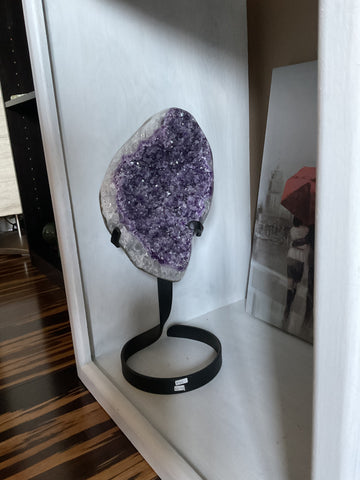 Natural raw Amethyst specimen on stand